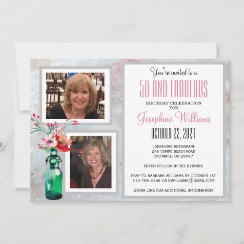 Fifty and Fabulous Party Photos Floral Invitation