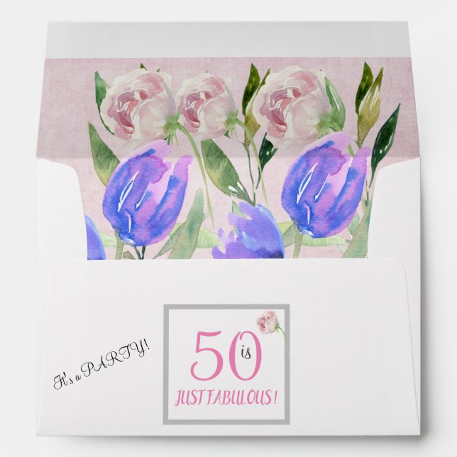 Fifty and Fabulous Party Pink Floral Invitation Envelope (Back (Bottom))