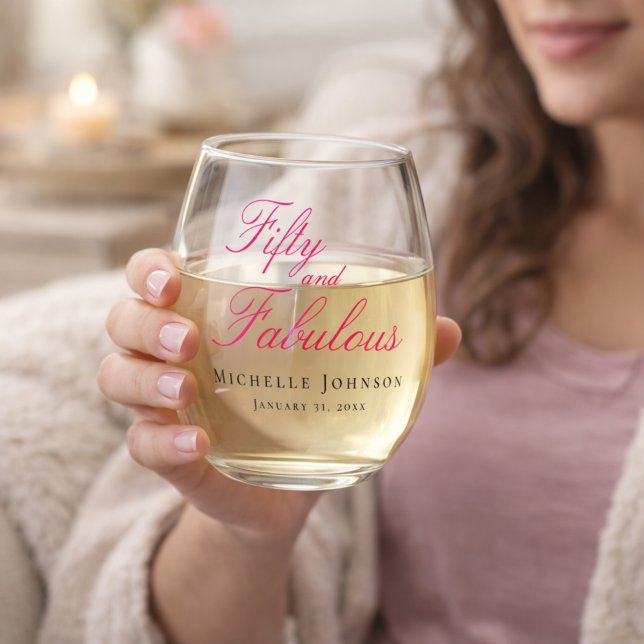Fifty and Fabulous Photo 50th Birthday Party Stemless Wine Glass (Creator Uploaded)
