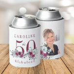 Fifty and fabulous photo floral 50th birthday  can cooler<br><div class="desc">Elegant feminine 50 and fabulous birthday party photo and name personalized can cooler with watercolor red burgundy,  dusty blue roses bouquets,  and a modern trendy typography script.</div>