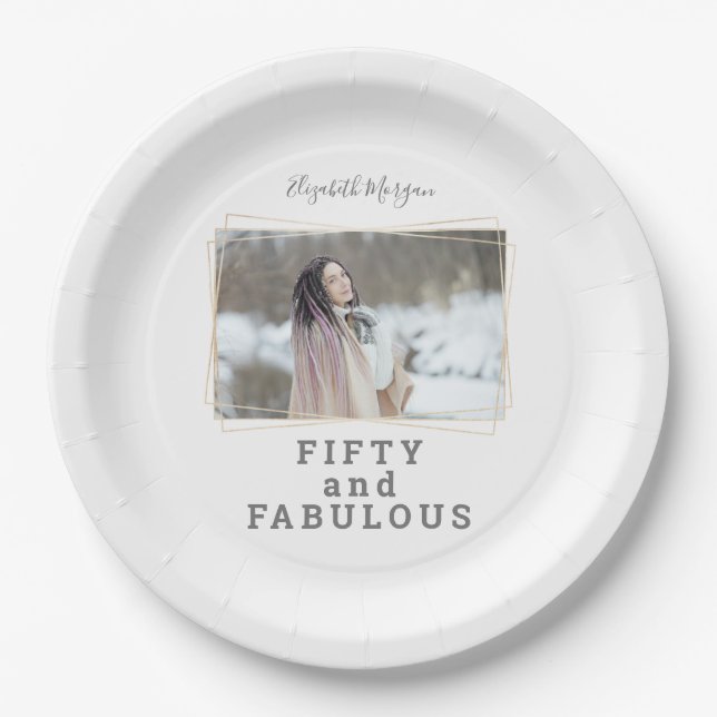Fifty and Fabulous Photo Modern Birthday Paper Plates (Front)