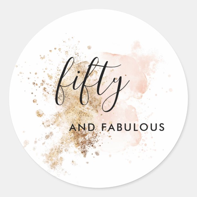 Fifty And Fabulous Pink And Gold Classic Round Sticker (Front)