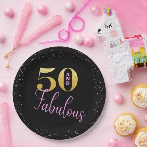 Fifty And Fabulous Pink and Gold Glitter Birthday Paper Plates