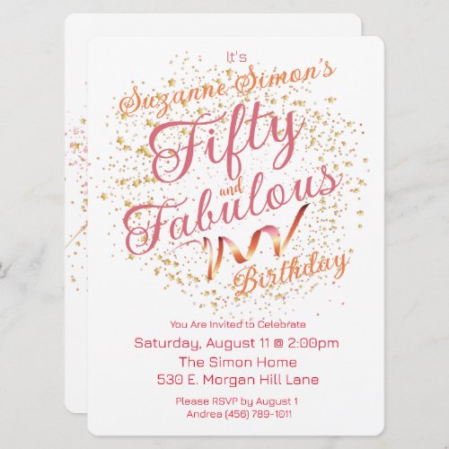 Fifty and Fabulous Pink and Gold Sparkle  Invitation