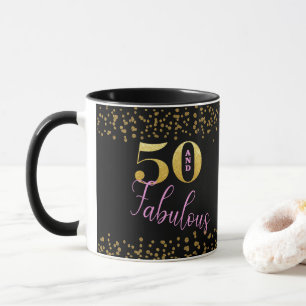Fifty and Fabulous Pink Black Gold Glitter B'day Mug