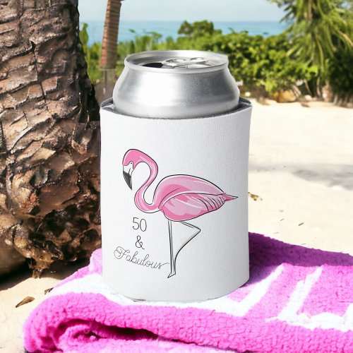 Fifty and Fabulous Pink Flamingo Can Coolers