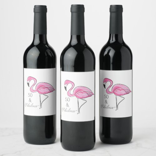 Fifty and Fabulous Pink Flamingo Coasters Wine Label