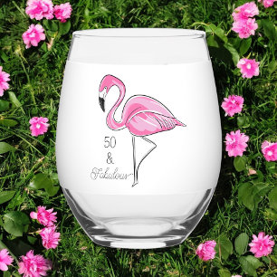 Fifty and Fabulous Pink Flamingo  Stemless Wine Glass