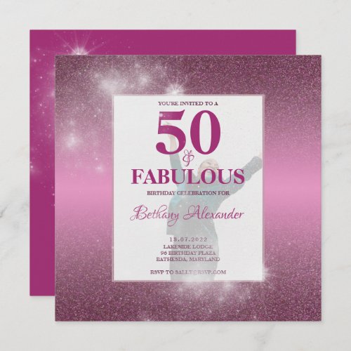 Fifty and Fabulous Pink Glitter Photo Invitation