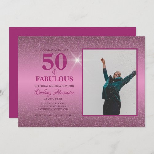 Fifty and Fabulous Pink Glitter Photo Invitation