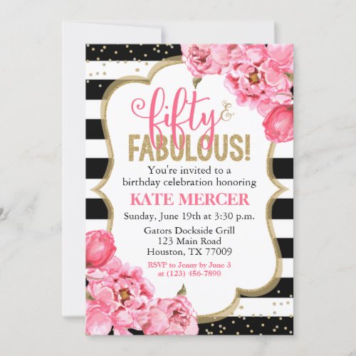 Fifty and Fabulous Pink Gold Floral 50th Birthday Invitation