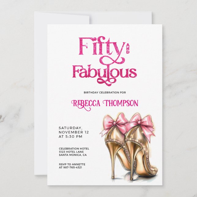Fifty and Fabulous Pink Gold Heels 50th Birthday Invitation (Front)