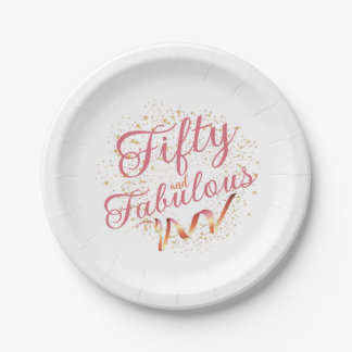 Fifty and Fabulous pink, gold sparkle Paper Plates
