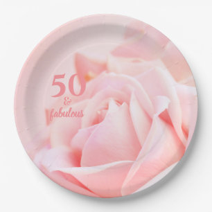 Fifty and Fabulous Pink Rose 50th Birthday Paper Plates