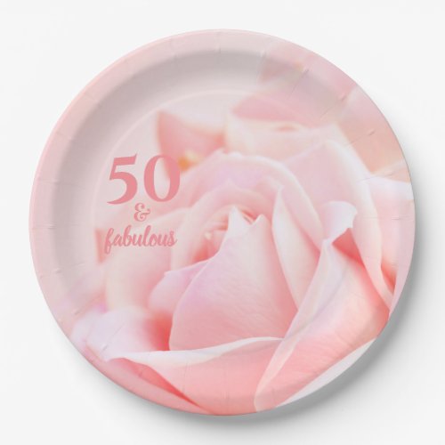 Fifty and Fabulous  Pink Rose 50th Birthday Paper Plates