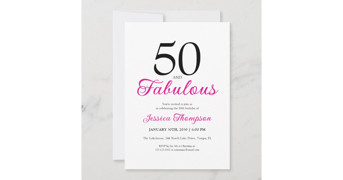 50th Script Fifty and Fabulous Pink Script 50th Birthday Invitation | Zazzle