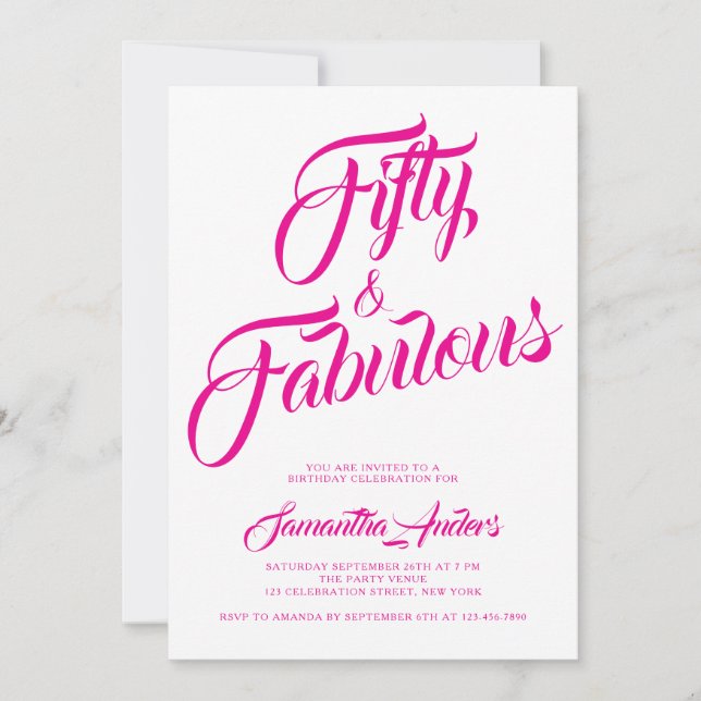 Fifty and Fabulous Pink Script 50th Birthday Party Invitation (Front)