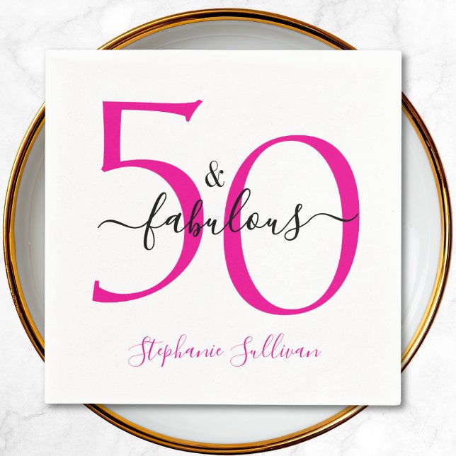 Fifty and Fabulous Pink Script 50th Birthday Party Napkins (Creator Uploaded)