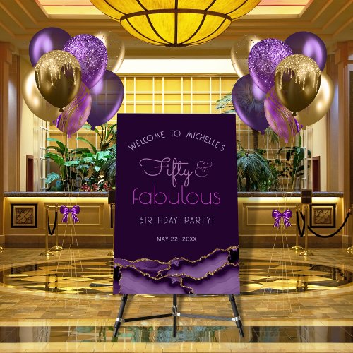 Fifty and Fabulous Purple Gold Agate Welcome Sign