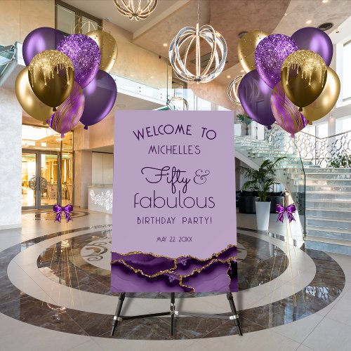 Fifty and Fabulous Purple Gold Agate Welcome Sign