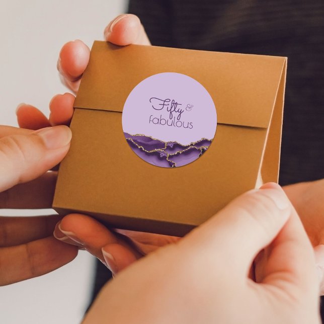 Fifty and Fabulous Purple Gold Letter Favor Classic Round Sticker (Creator Uploaded)