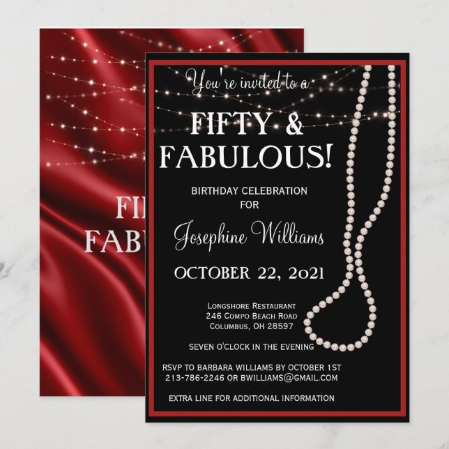 Fifty and Fabulous Red and Black Party Invitation (Front/Back)