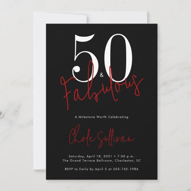 Fifty and Fabulous Red Black 50th Birthday Party Invitation (Front)