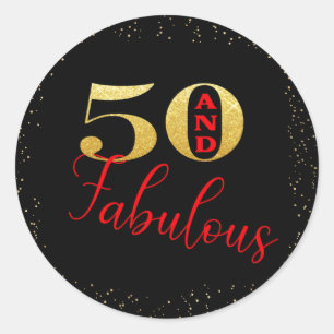 Fifty And Fabulous Red Black Gold Glitter Birthday Classic Round Sticker