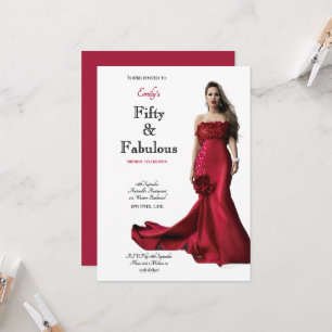 Fifty and Fabulous Red Dress Script Birthday Invitation
