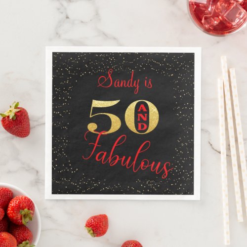 Fifty And Fabulous Red Gold Glittery Birthday Paper Dinner Napkins