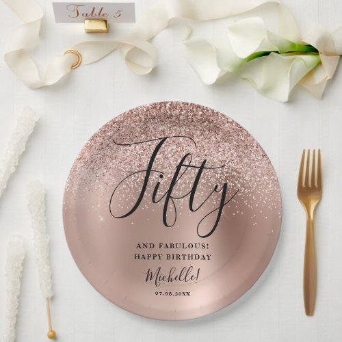 Fifty And Fabulous Rose Gold Birthday Party Name Paper Plates