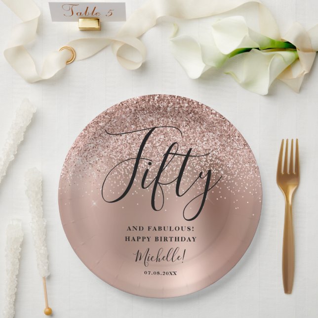 Fifty And Fabulous Rose Gold Birthday Party Name Paper Plates (Wedding)