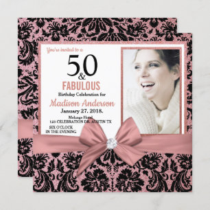 Fifty and Fabulous Rose gold damask 50th Birthday Invitation