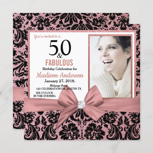 Fifty and Fabulous Rose gold damask 50th Birthday Invitation
