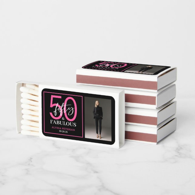 Fifty and Fabulous Script 50th Birthday Party Matchboxes (Stacked)