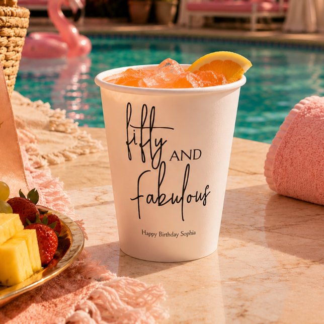 Fifty and Fabulous Script 50th Birthday Party  Paper Cups (Fifty and Fabulous Script 50th Birthday Party Paper Cups)