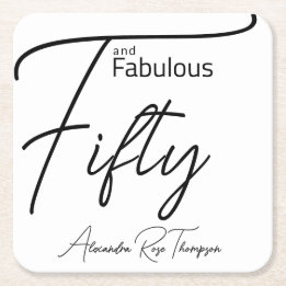 Fifty and Fabulous Script 50th Birthday Party Square Paper Coaster