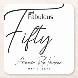 Fifty and Fabulous Script 50th Birthday Party Square Paper Coaster