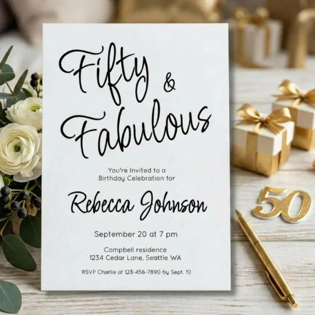 50th Script Fifty and Fabulous Script Black 50th Birthday Invitation | Zazzle