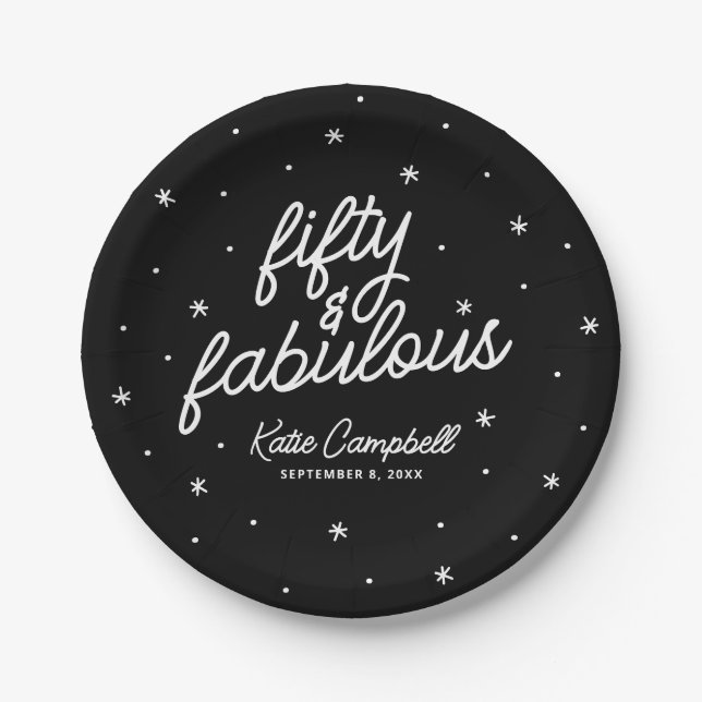 Fifty and Fabulous Script Black White Birthday Paper Plates (Front)