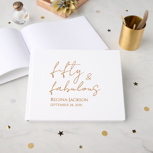 Fifty And Fabulous Script Gold 50th Birthday Party Guest Book (Front Open)