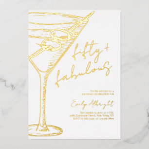 Fifty and Fabulous Script Line Art Gold Foil Invitation