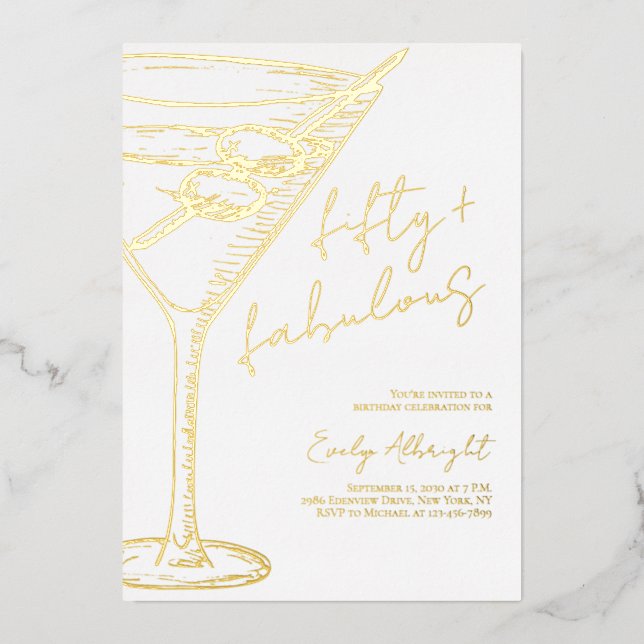 Fifty and Fabulous Script Line Art Gold Foil Invitation (Front)