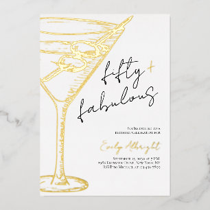 Fifty and Fabulous Script Line Art Gold Foil Invitation