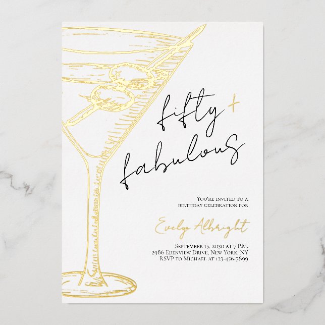 Fifty and Fabulous Script Line Art Gold Foil Invitation (Front)