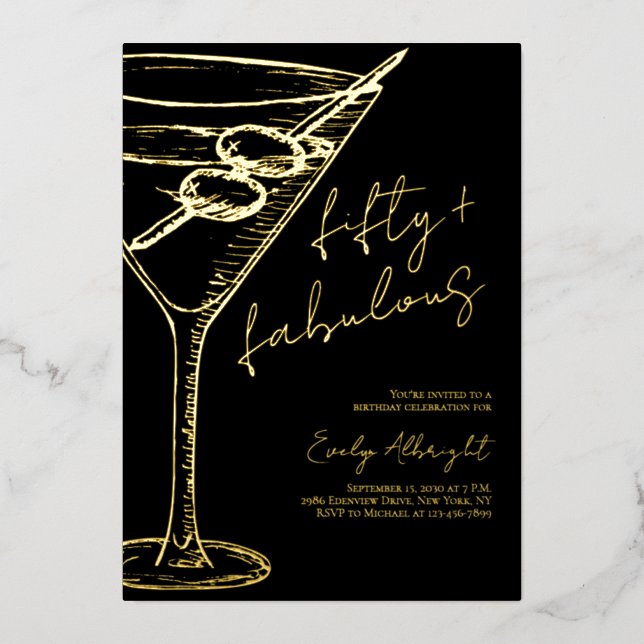 Fifty and Fabulous Script Line Art Gold Foil Invitation (Front)
