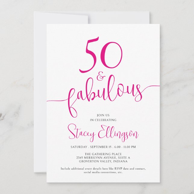 Fifty and Fabulous Script Pink 50th Birthday Party Invitation (Front)