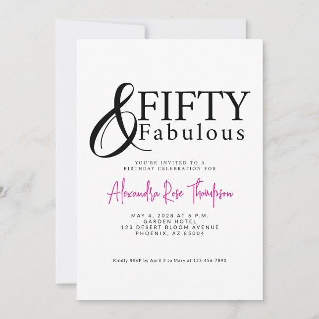 Fifty and Fabulous Script Pink 50th Birthday Party Invitation (Front)