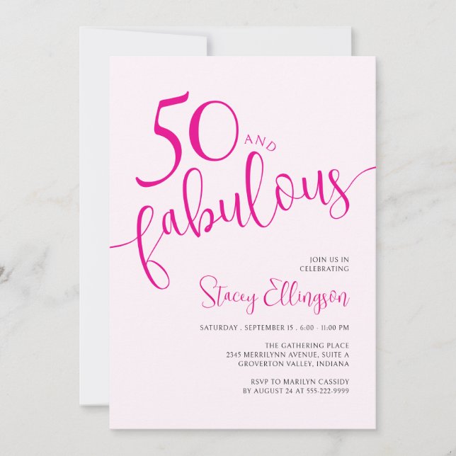 Fifty and Fabulous Script Pink 50th Birthday Party Invitation (Front)