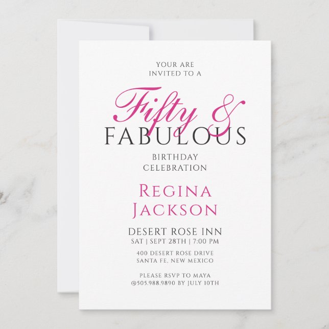 Fifty and Fabulous Script Pink 50th Birthday Party Invitation (Front)